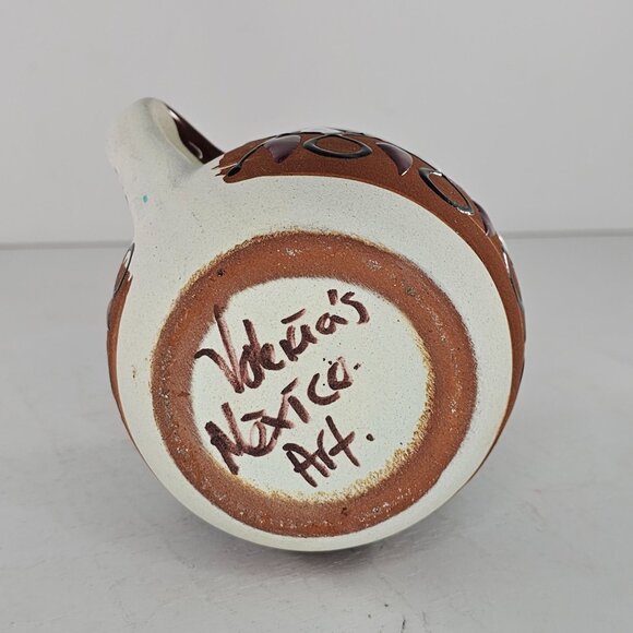 Hand-Painted Mexican Clay Pottery Jarrito Little Jug Glazed Coffee Mug Signed - Picture 4 of 10